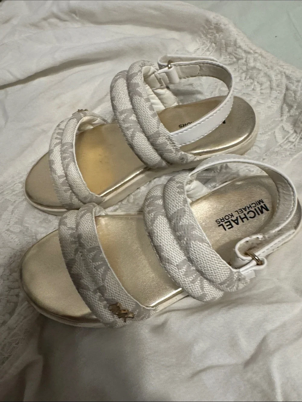 Michael Kors Beige Logo Double-Strap Sandals with Gold Footbed